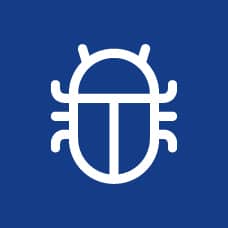 A white bug-shaped icon with a shield body on a blue background, symbolizing cybersecurity or hurricane screens.