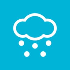 White icon of a hurricane with raindrops on a bright blue background.