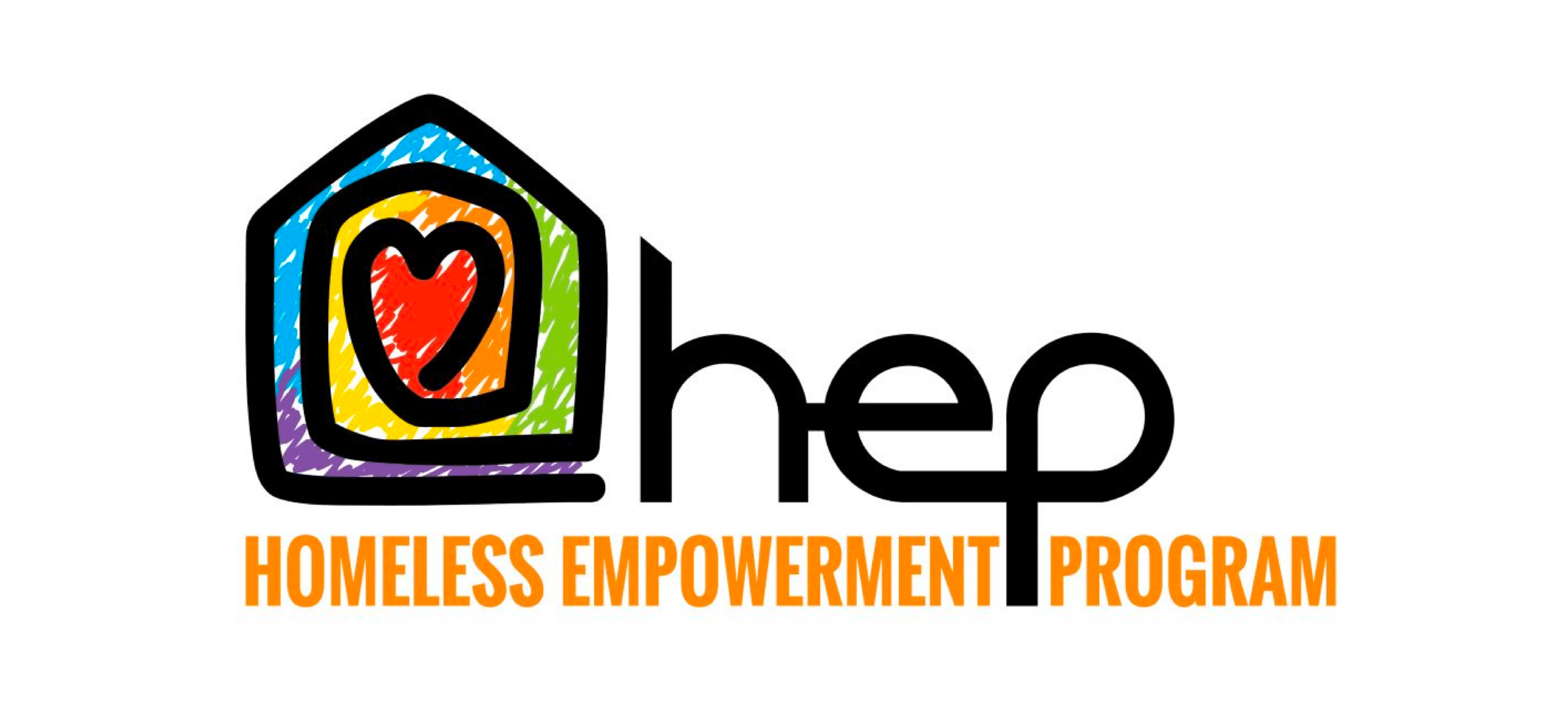 Logo of the Community Support program for homeless empowerment (hep), featuring a colorful house outline with a heart and the acronym "hep".