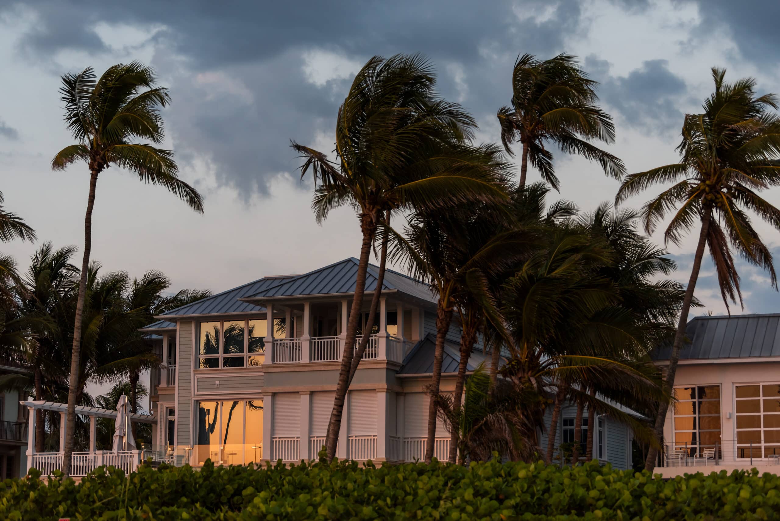 A beach house in Florida surrounded by palm trees under a dusk sky, equipped with storm protection.